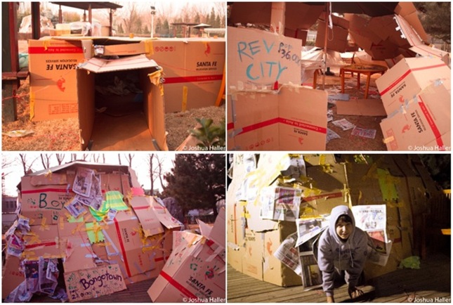 Various cardboard constructions made by the Beijing 30 Hour Famine youth. Yes, they slept outside in these shelters!
